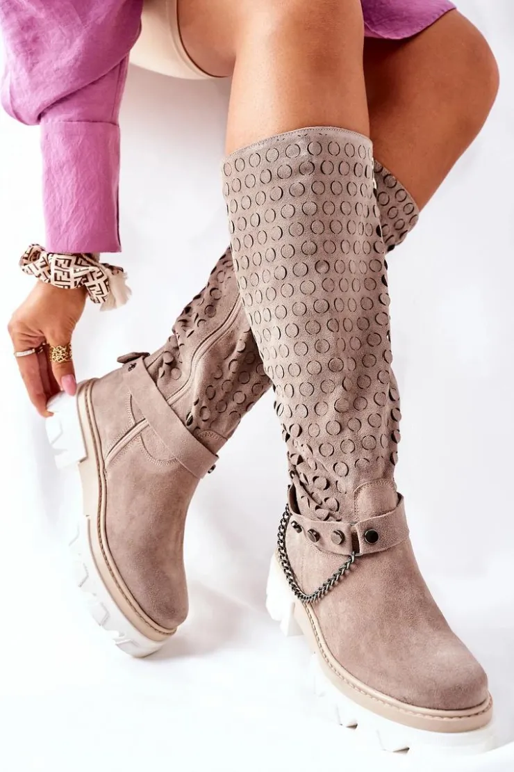 Damskie Boto Damskie Skórzane Kozaki Lewski Cappuccino Zamszowe 2866