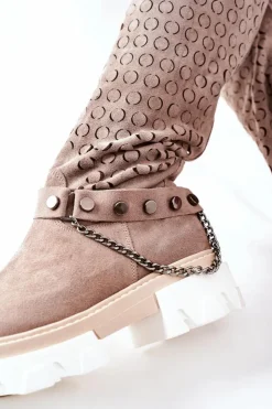 Damskie Boto Damskie Skórzane Kozaki Lewski Cappuccino Zamszowe 2866