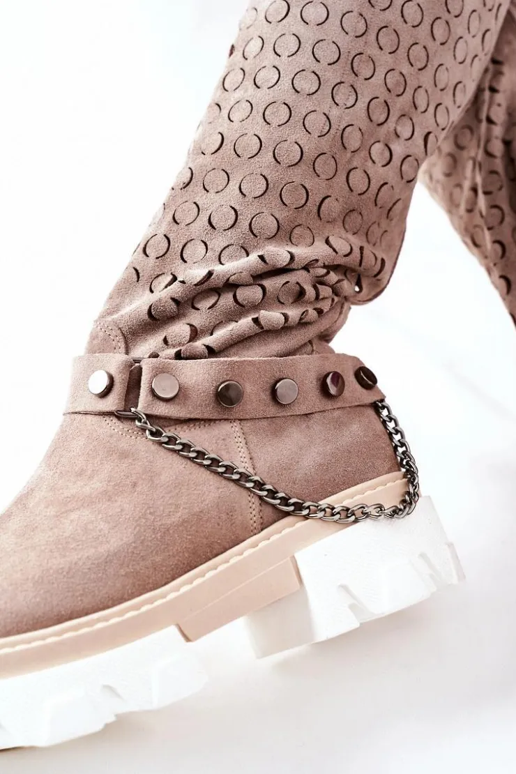 Damskie Boto Damskie Skórzane Kozaki Lewski Cappuccino Zamszowe 2866