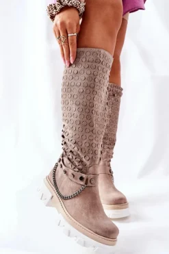 Damskie Boto Damskie Skórzane Kozaki Lewski Cappuccino Zamszowe 2866