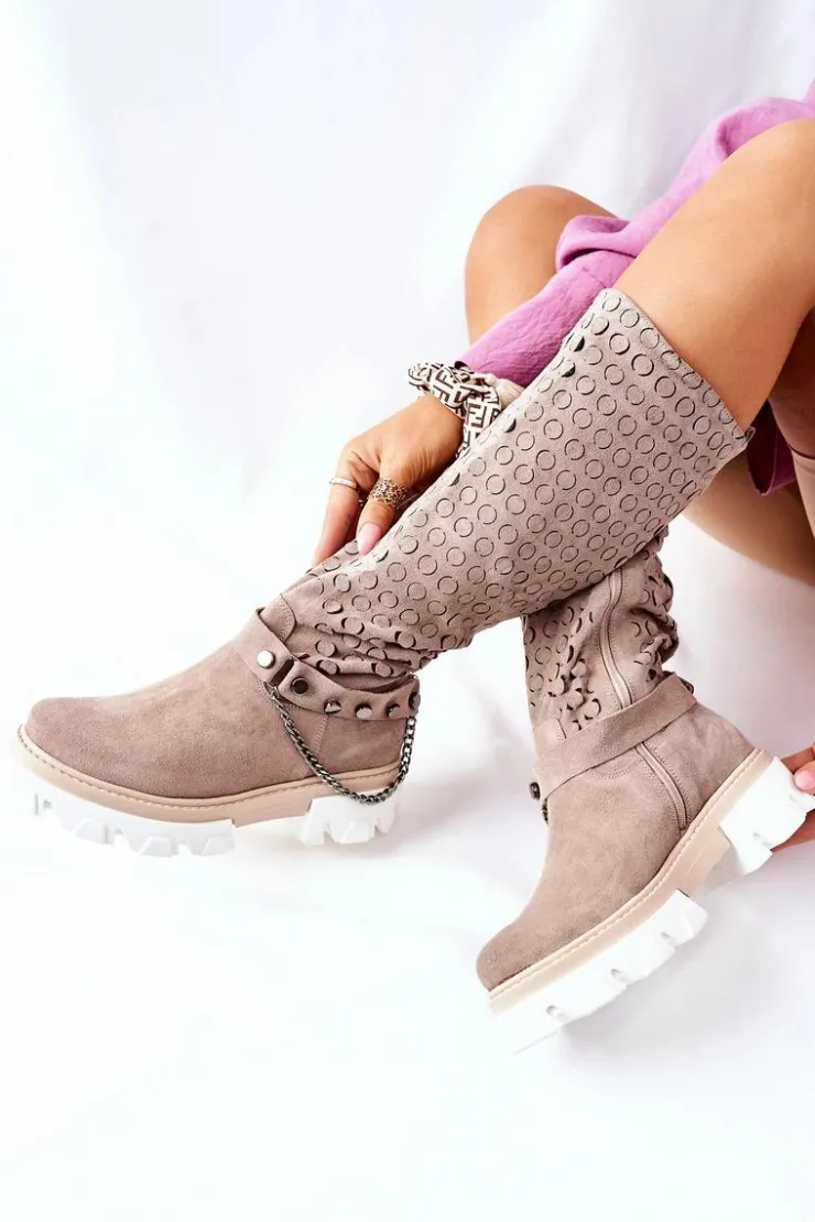 Damskie Boto Damskie Skórzane Kozaki Lewski Cappuccino Zamszowe 2866