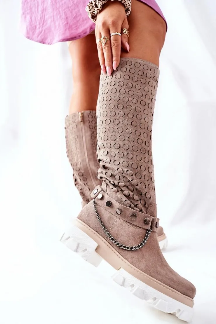 Damskie Boto Damskie Skórzane Kozaki Lewski Cappuccino Zamszowe 2866