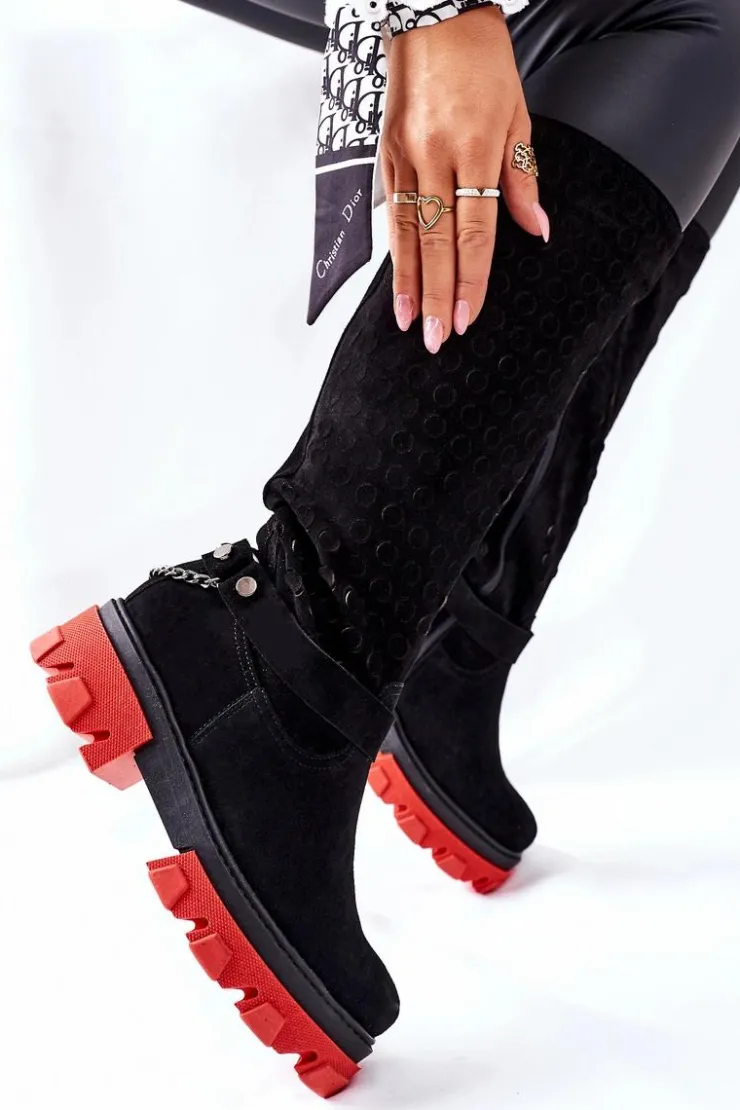 Online Boto Damskie Skórzane Kozaki Lewski Czarne Zamszowe 2866 Czarny