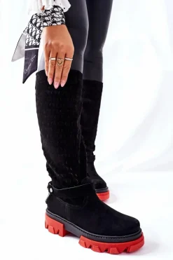 Online Boto Damskie Skórzane Kozaki Lewski Czarne Zamszowe 2866 Czarny