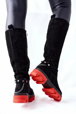 Online Boto Damskie Skórzane Kozaki Lewski Czarne Zamszowe 2866 Czarny