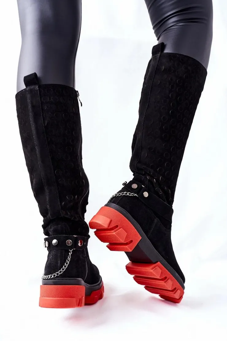 Online Boto Damskie Skórzane Kozaki Lewski Czarne Zamszowe 2866 Czarny