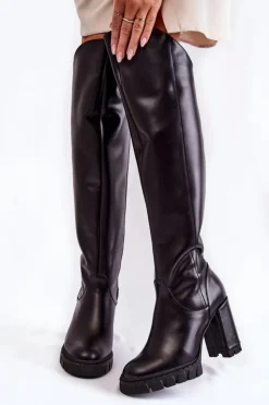 Boto Kozaki Wiosenne|Kozaki Za Kolano*Damskie Skórzane Kozaki Muszkieterki Czarne Georgette
