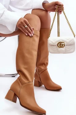 Damskie Boto Damskie Skórzane Kozaki Na Obcasie Camel Lewski 2928/B/2