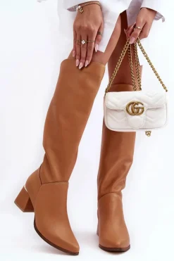 Damskie Boto Damskie Skórzane Kozaki Na Obcasie Camel Lewski 2928/B/2