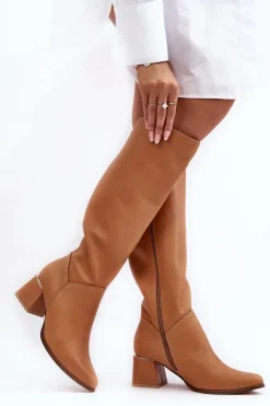 Damskie Boto Damskie Skórzane Kozaki Na Obcasie Camel Lewski 2928/B/2