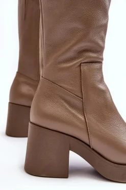 Damskie Boto Damskie Skórzane Kozaki Na Masywnym Słupku Ciemnobeżowe Lemar Odennia