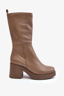 Damskie Boto Damskie Skórzane Kozaki Na Masywnym Słupku Ciemnobeżowe Lemar Odennia