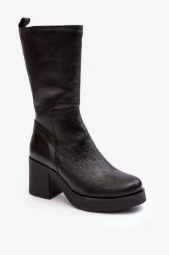 Online Boto Damskie Skórzane Kozaki Na Masywnym Słupku Czarne Lemar Odennia
