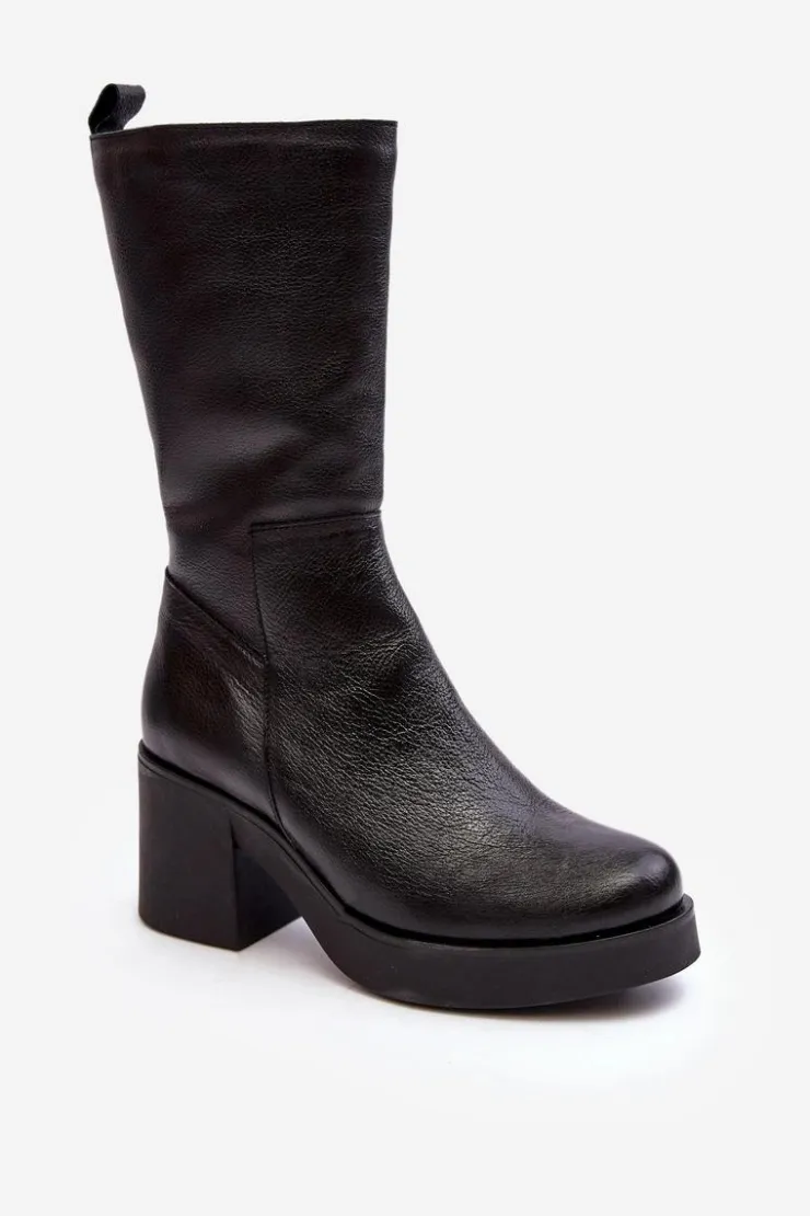 Online Boto Damskie Skórzane Kozaki Na Masywnym Słupku Czarne Lemar Odennia