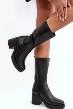 Online Boto Damskie Skórzane Kozaki Na Masywnym Słupku Czarne Lemar Odennia