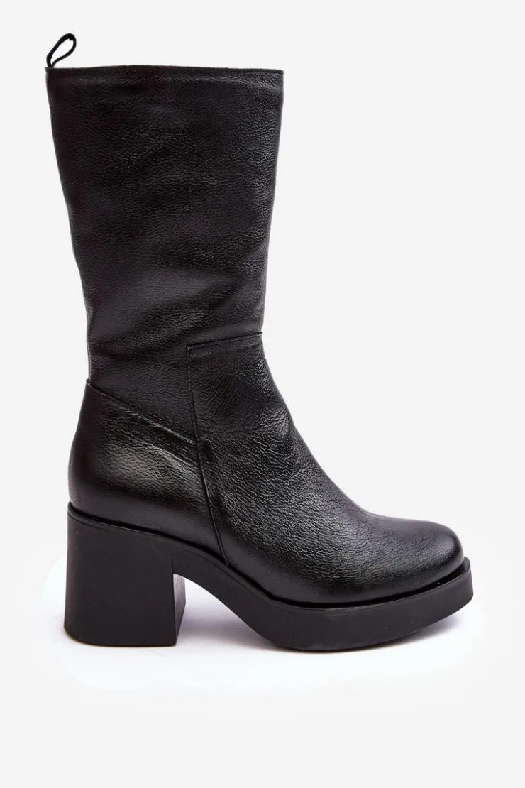 Online Boto Damskie Skórzane Kozaki Na Masywnym Słupku Czarne Lemar Odennia