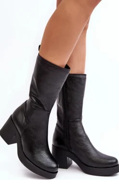 Online Boto Damskie Skórzane Kozaki Na Masywnym Słupku Czarne Lemar Odennia