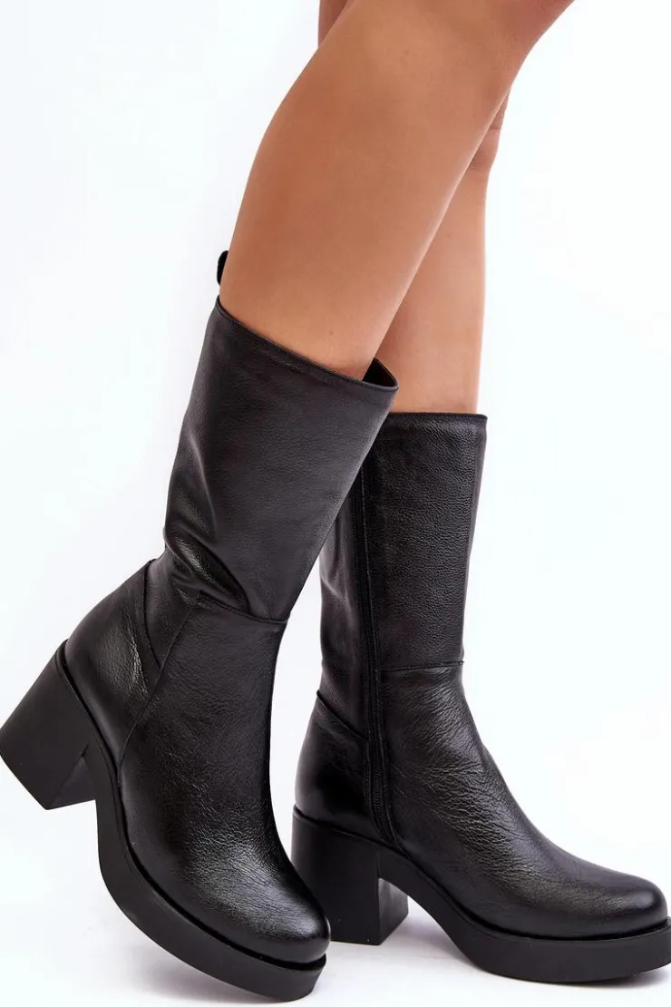 Online Boto Damskie Skórzane Kozaki Na Masywnym Słupku Czarne Lemar Odennia