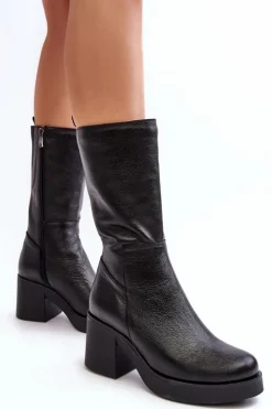Online Boto Damskie Skórzane Kozaki Na Masywnym Słupku Czarne Lemar Odennia