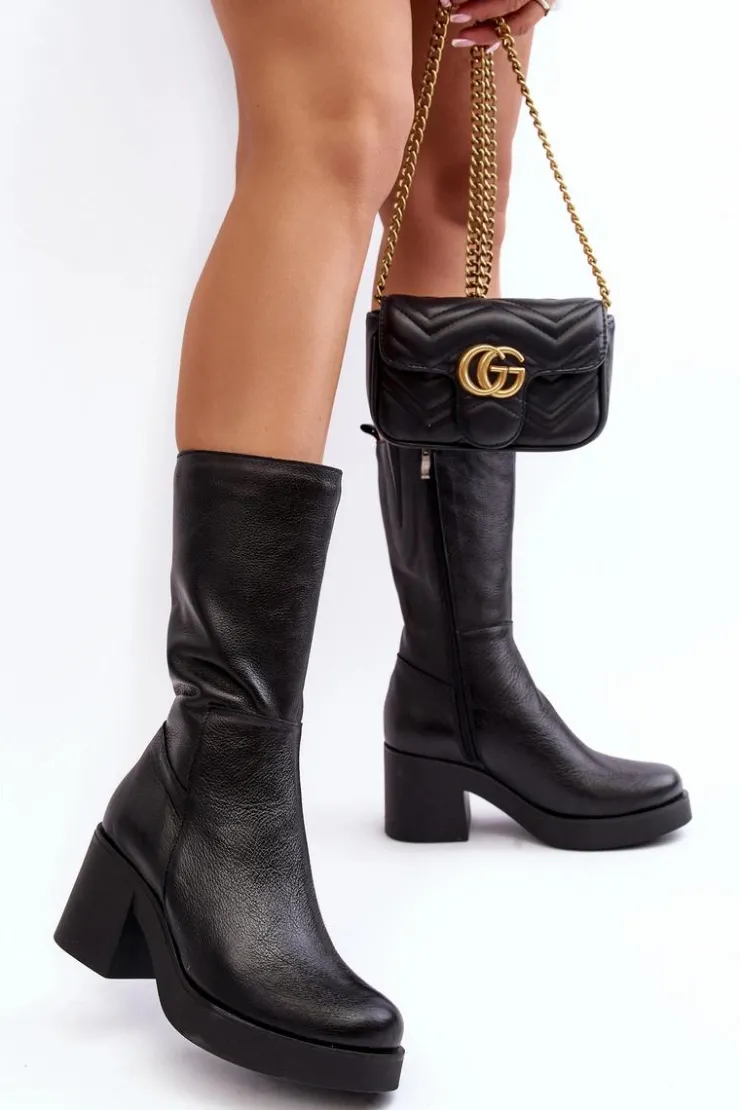 Online Boto Damskie Skórzane Kozaki Na Masywnym Słupku Czarne Lemar Odennia