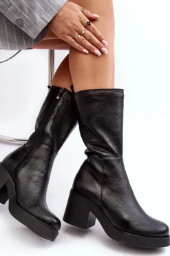 Online Boto Damskie Skórzane Kozaki Na Masywnym Słupku Czarne Lemar Odennia