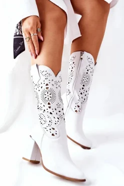 Boto Kozaki Wiosenne|Kozaki Przed Kolano*Damskie Skórzane Kozaki na Słupku Białe Lewski 2923 Pick Me Up