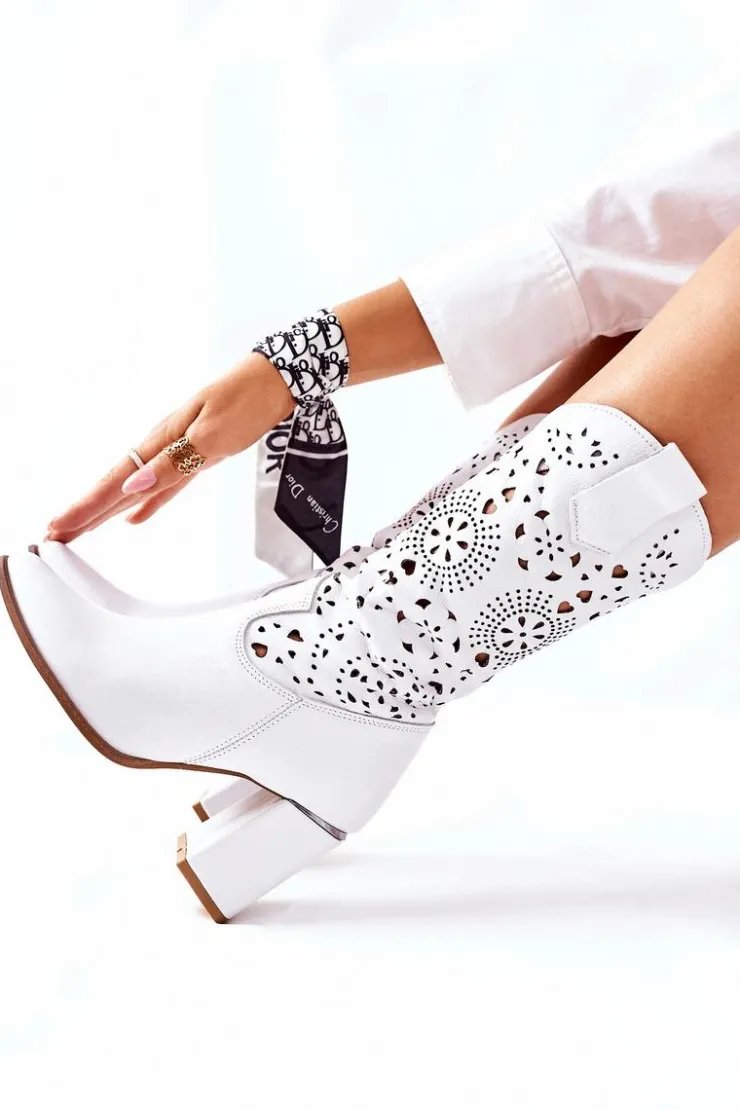 Boto Kozaki Wiosenne|Kozaki Przed Kolano*Damskie Skórzane Kozaki na Słupku Białe Lewski 2923 Pick Me Up