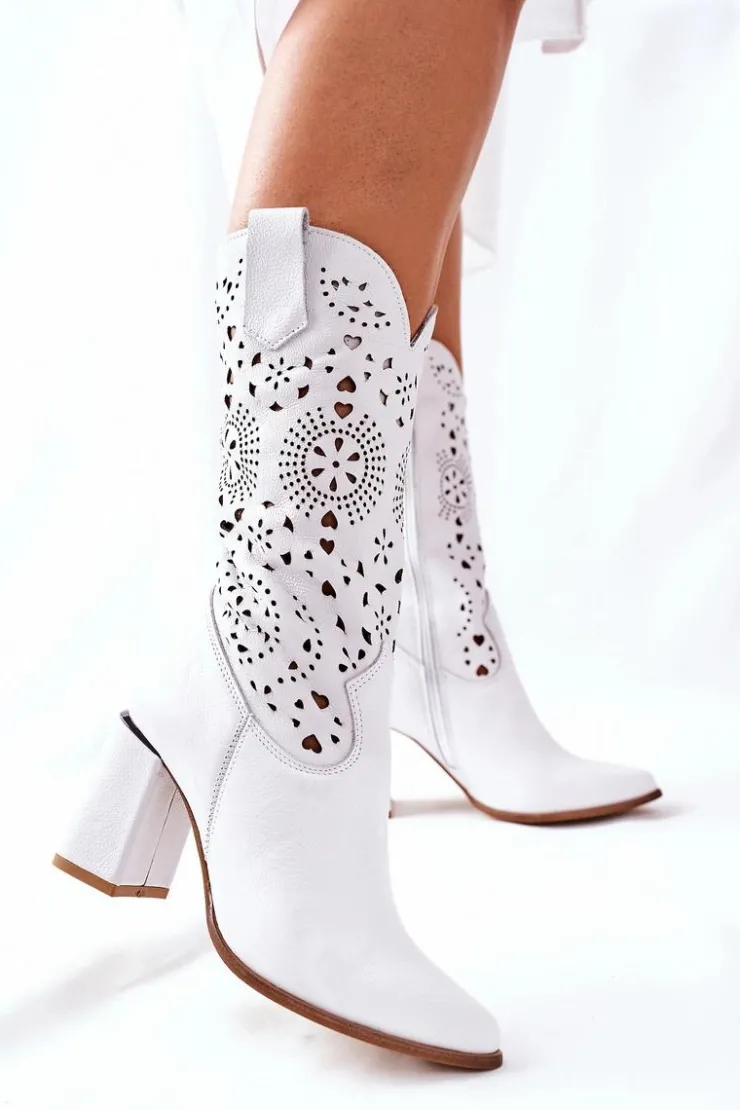 Boto Kozaki Wiosenne|Kozaki Przed Kolano*Damskie Skórzane Kozaki na Słupku Białe Lewski 2923 Pick Me Up