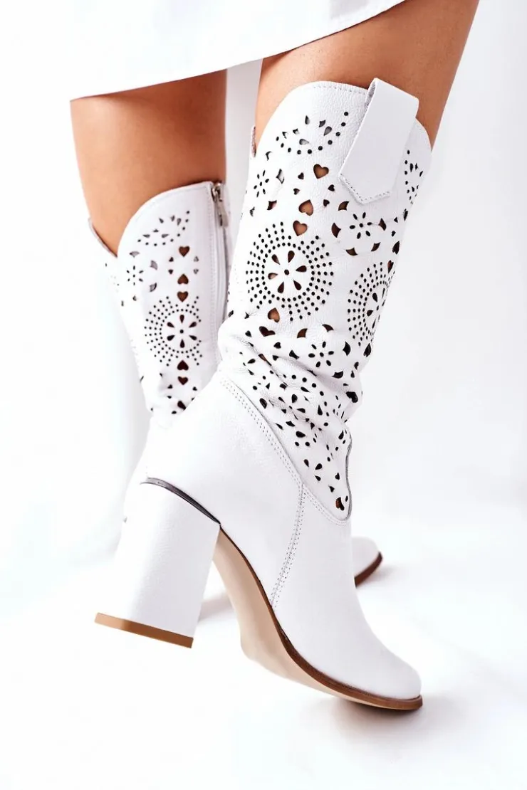 Boto Kozaki Wiosenne|Kozaki Przed Kolano*Damskie Skórzane Kozaki na Słupku Białe Lewski 2923 Pick Me Up