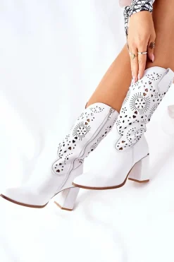 Boto Kozaki Wiosenne|Kozaki Przed Kolano*Damskie Skórzane Kozaki na Słupku Białe Lewski 2923 Pick Me Up