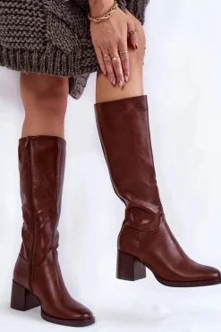 New Buty Sergio Leone Damskie Skórzane Kozaki Na Słupku Brązowe Bremo