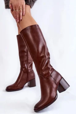 New Buty Sergio Leone Damskie Skórzane Kozaki Na Słupku Brązowe Bremo