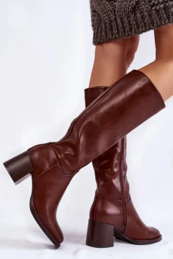 New Buty Sergio Leone Damskie Skórzane Kozaki Na Słupku Brązowe Bremo