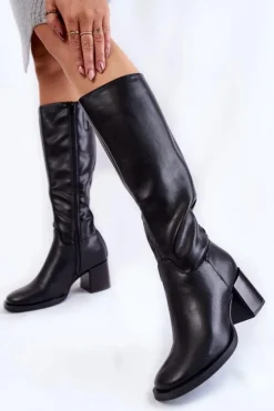 Buty Sergio Leone Kozaki Przed Kolano|Kozaki Na Obcasie*Damskie Skórzane Kozaki Na Słupku Czarne Bremo