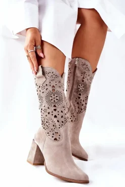 Boto Kozaki Wiosenne|Kozaki Przed Kolano*Damskie Skórzane Kozaki na Słupku Cappuccino Lewski 2923 Pick Me Up
