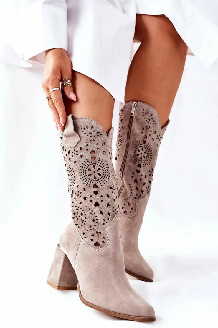 Boto Kozaki Wiosenne|Kozaki Przed Kolano*Damskie Skórzane Kozaki na Słupku Cappuccino Lewski 2923 Pick Me Up