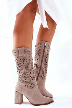 Boto Kozaki Wiosenne|Kozaki Przed Kolano*Damskie Skórzane Kozaki na Słupku Cappuccino Lewski 2923 Pick Me Up