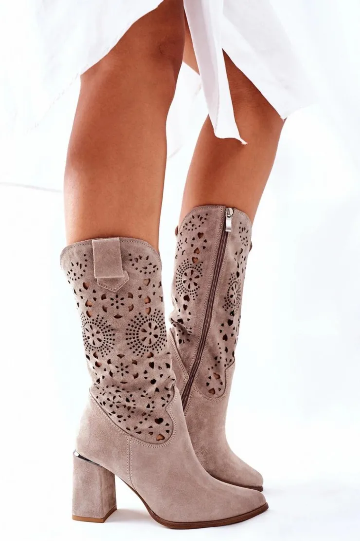 Boto Kozaki Wiosenne|Kozaki Przed Kolano*Damskie Skórzane Kozaki na Słupku Cappuccino Lewski 2923 Pick Me Up