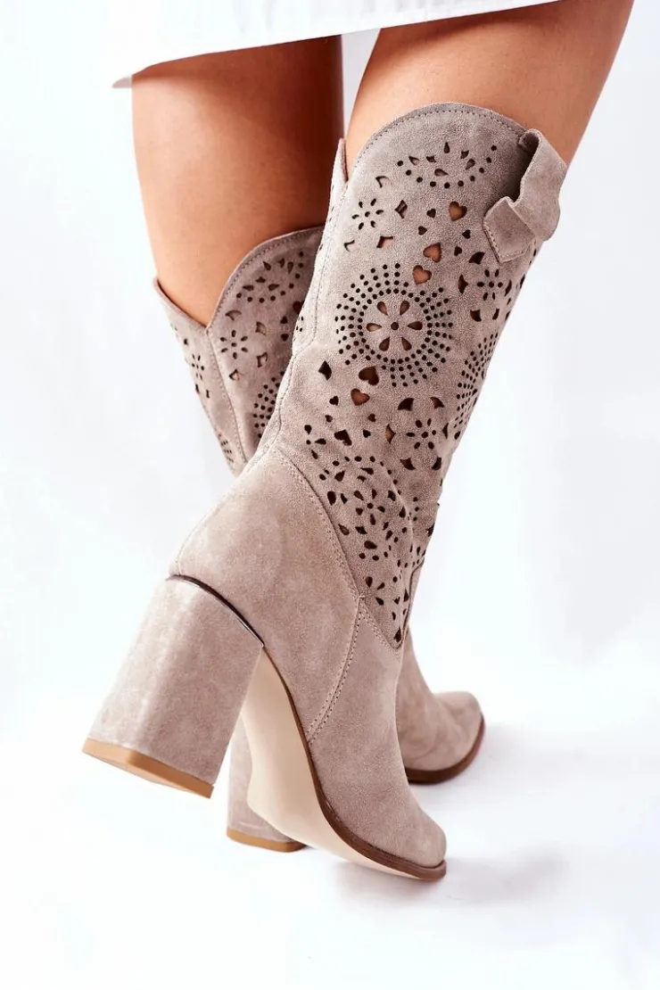 Boto Kozaki Wiosenne|Kozaki Przed Kolano*Damskie Skórzane Kozaki na Słupku Cappuccino Lewski 2923 Pick Me Up