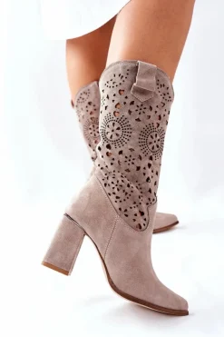 Boto Kozaki Wiosenne|Kozaki Przed Kolano*Damskie Skórzane Kozaki na Słupku Cappuccino Lewski 2923 Pick Me Up