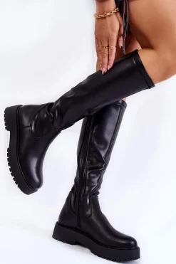 Buty Sergio Leone Kozaki Płaskie|Kozaki Przed Kolano*Damskie Skórzane Kozaki Na Platformie Czarne Aretha