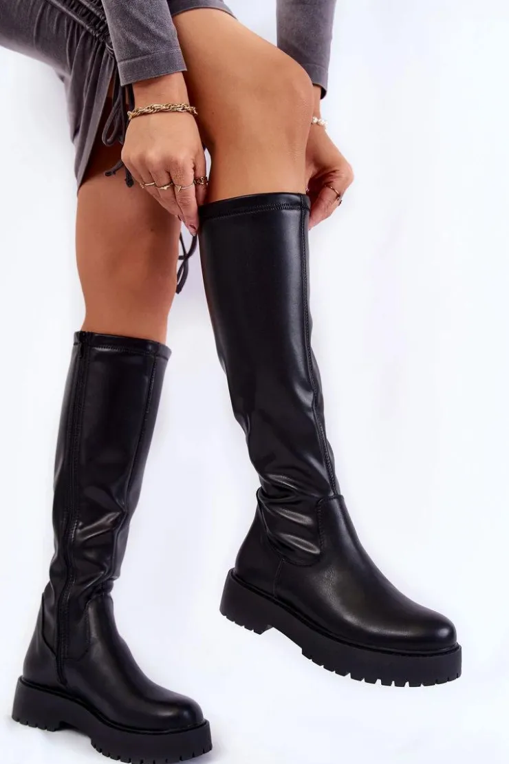 Buty Sergio Leone Kozaki Płaskie|Kozaki Przed Kolano*Damskie Skórzane Kozaki Na Platformie Czarne Aretha