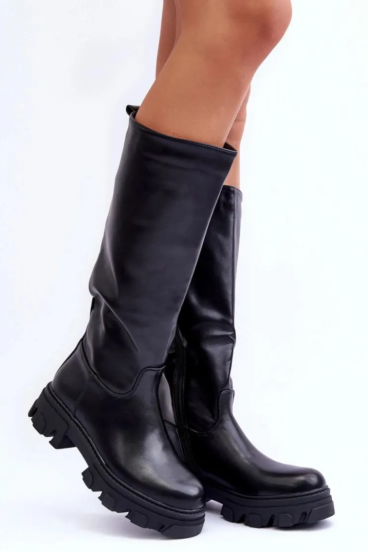 Boto Kozaki Płaskie|Kozaki Przed Kolano*Damskie Skórzane Kozaki Oficerki Na Płaskim Obcasie Czarne Nenet