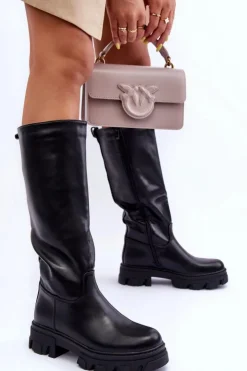 Boto Kozaki Płaskie|Kozaki Przed Kolano*Damskie Skórzane Kozaki Oficerki Na Płaskim Obcasie Czarne Nenet