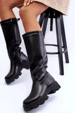 Boto Kozaki Płaskie|Kozaki Przed Kolano*Damskie Skórzane Kozaki Oficerki Na Płaskim Obcasie Czarne Nenet