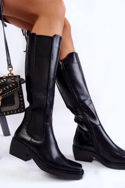 Damskie Boto Damskie Skórzane Kozaki Oficerki Czarne Larsen