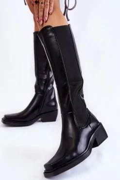 Damskie Boto Damskie Skórzane Kozaki Oficerki Czarne Larsen