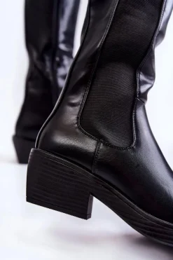 Damskie Boto Damskie Skórzane Kozaki Oficerki Czarne Larsen