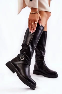 Boto Kozaki Płaskie|Kozaki Przed Kolano*Damskie Skórzane Kozaki Z Paskiem Czarne Liese