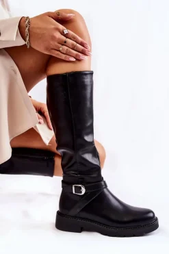 Boto Kozaki Płaskie|Kozaki Przed Kolano*Damskie Skórzane Kozaki Z Paskiem Czarne Liese